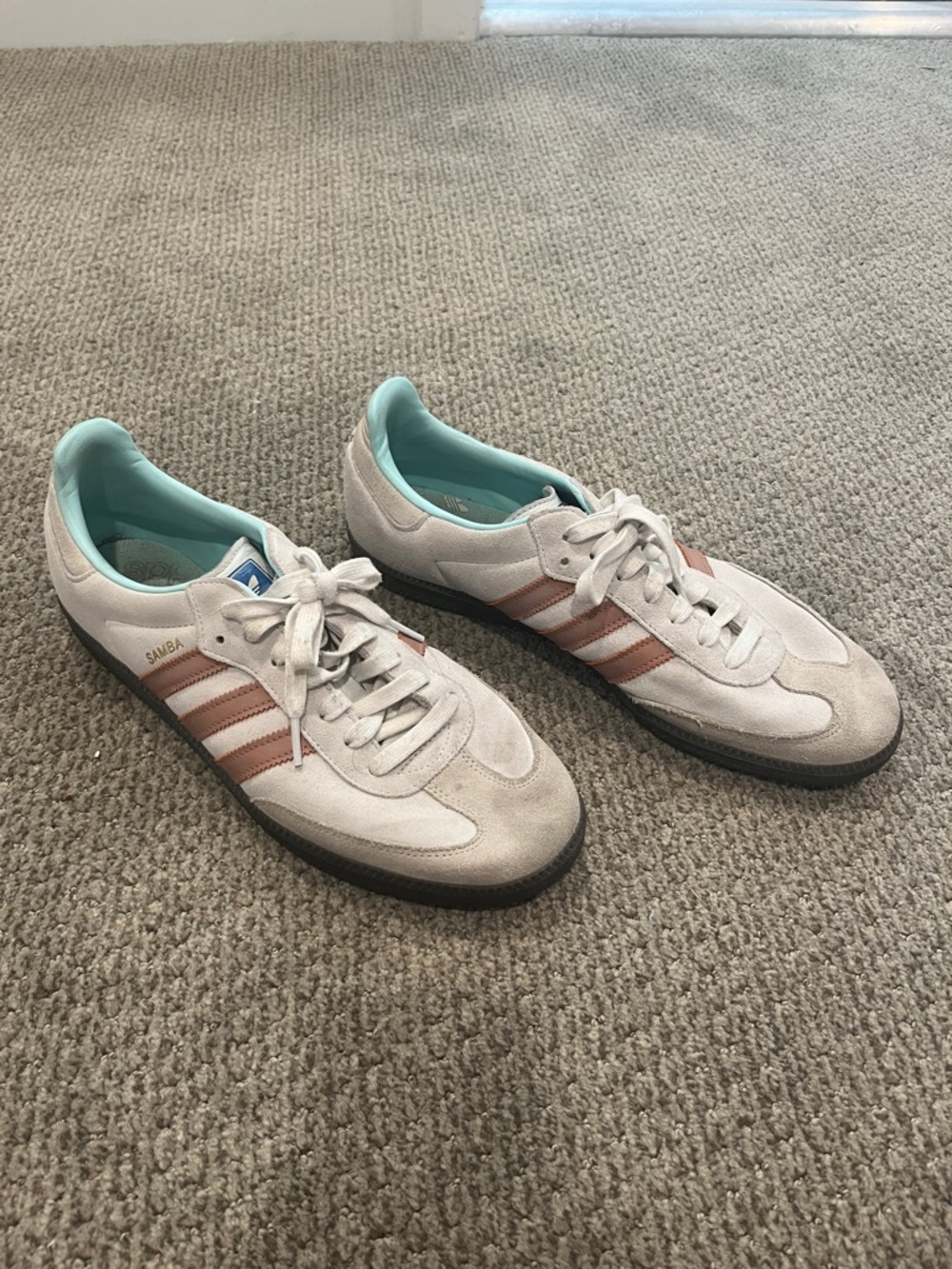 adidas Samba Sneakers in Off-White with Copper Stripes and Teal Lining